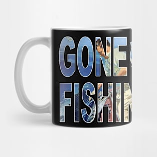 "Gone Fishing" Man Catches Fish Typographic Font Sailfish Art Mug